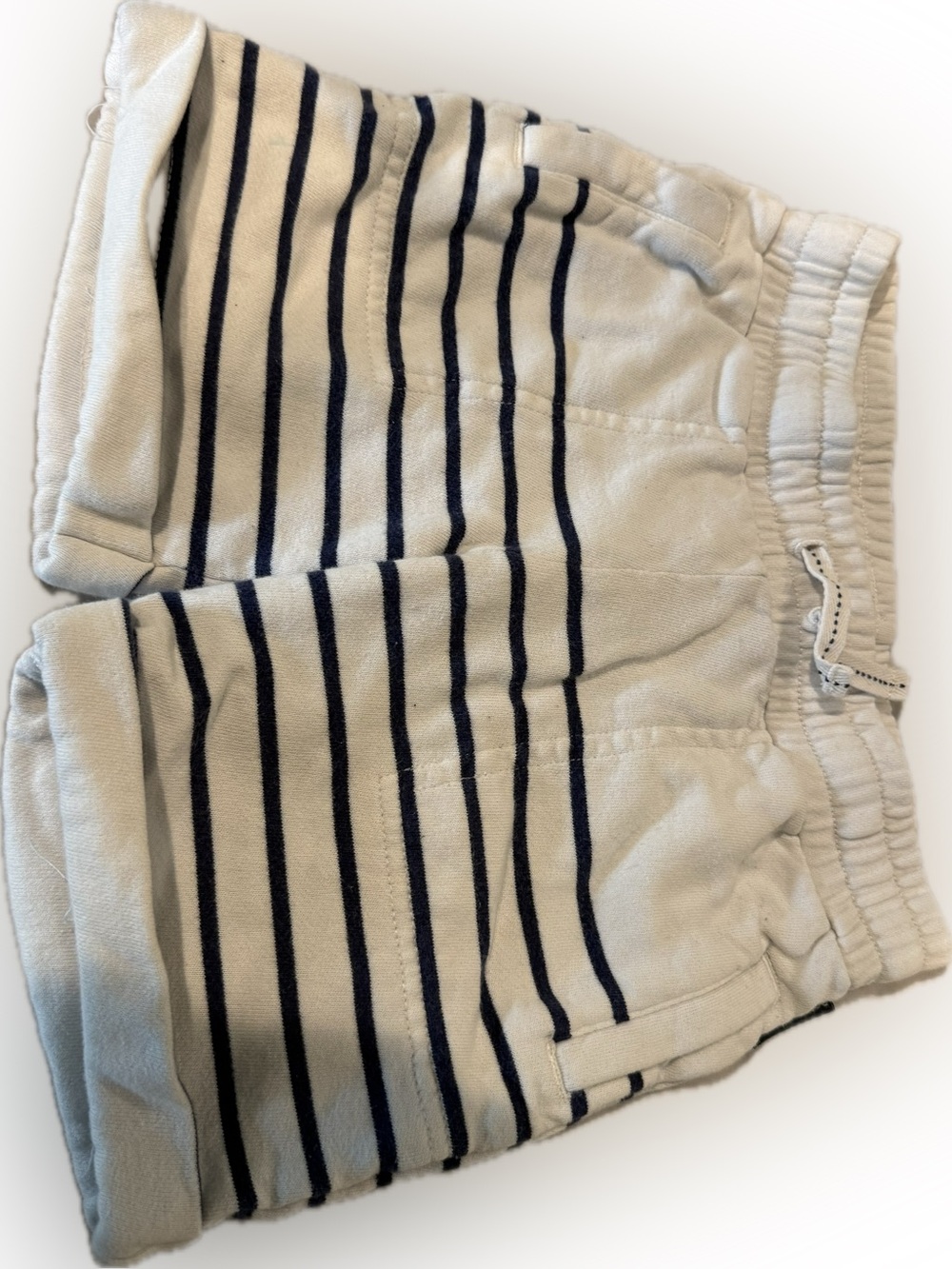 Polarn O. Pyret Striped Knit Drawstring Shorts in Cream and Navy, Sz 3-4 Years